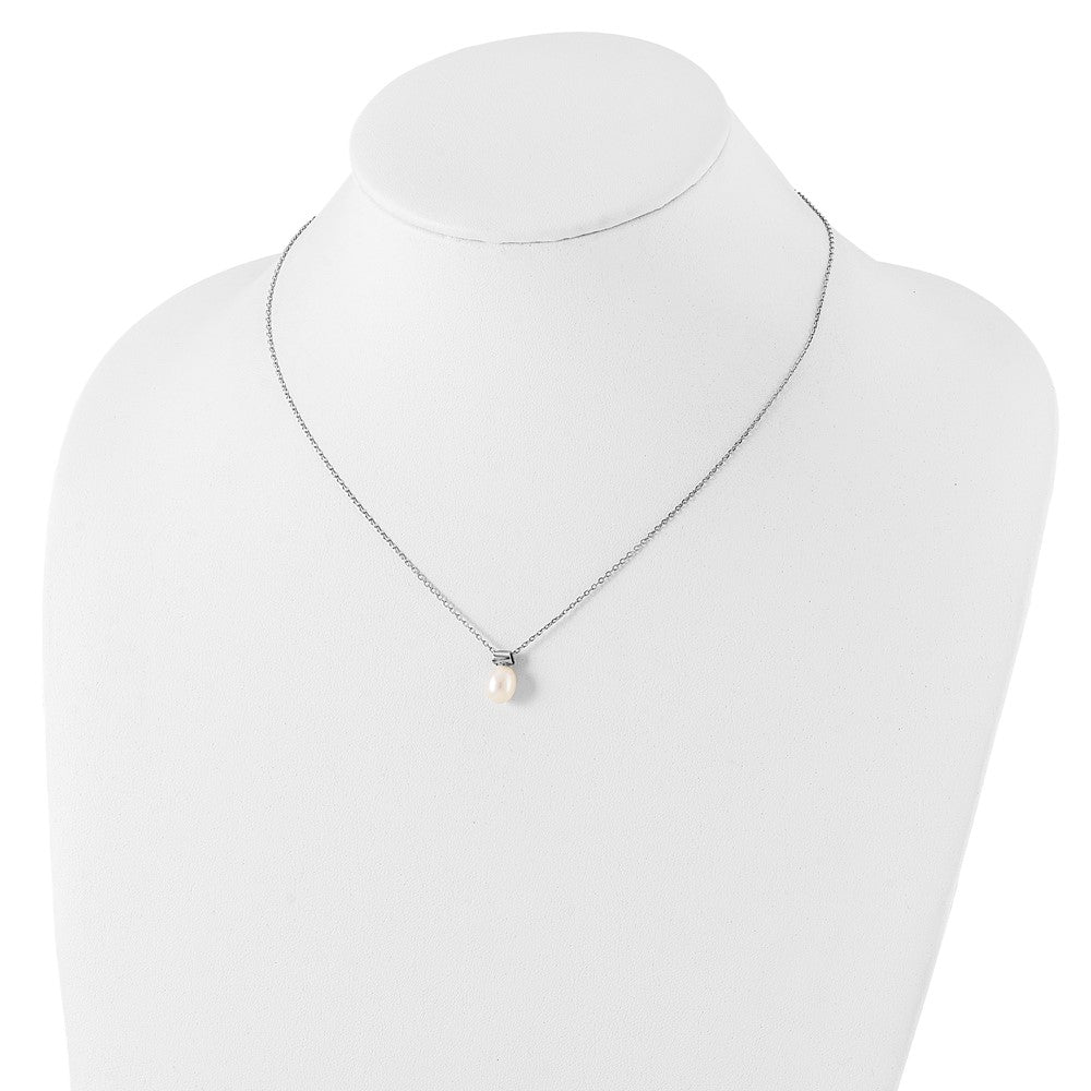 Sterling Silver Rhod-plat 7-7.5mm Rice FWC Pearl 1.5in ext Necklace