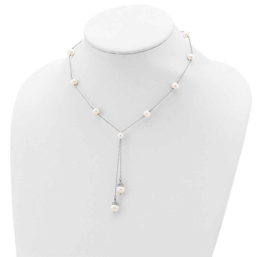 Sterling Silver Rhod-plat White FWC Pearl 9 station 2 drop 2in ext Necklace