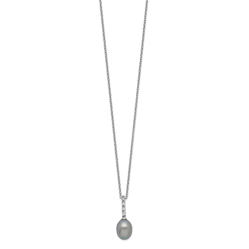 Sterling Silver Rhod-plat 7-8mm Grey FWC Pearl CZ Necklace