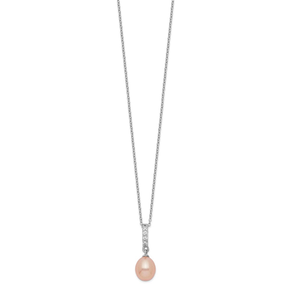 Sterling Silver Rhod-plat 8-9mm Pink FWC Pearl CZ Necklace