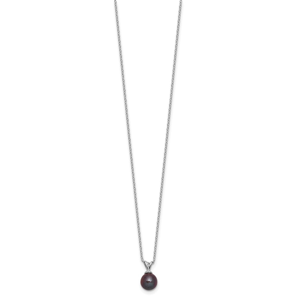 Sterling Silver Rhod-plat 7-7.5mm Black Round FWC Pearl Necklace