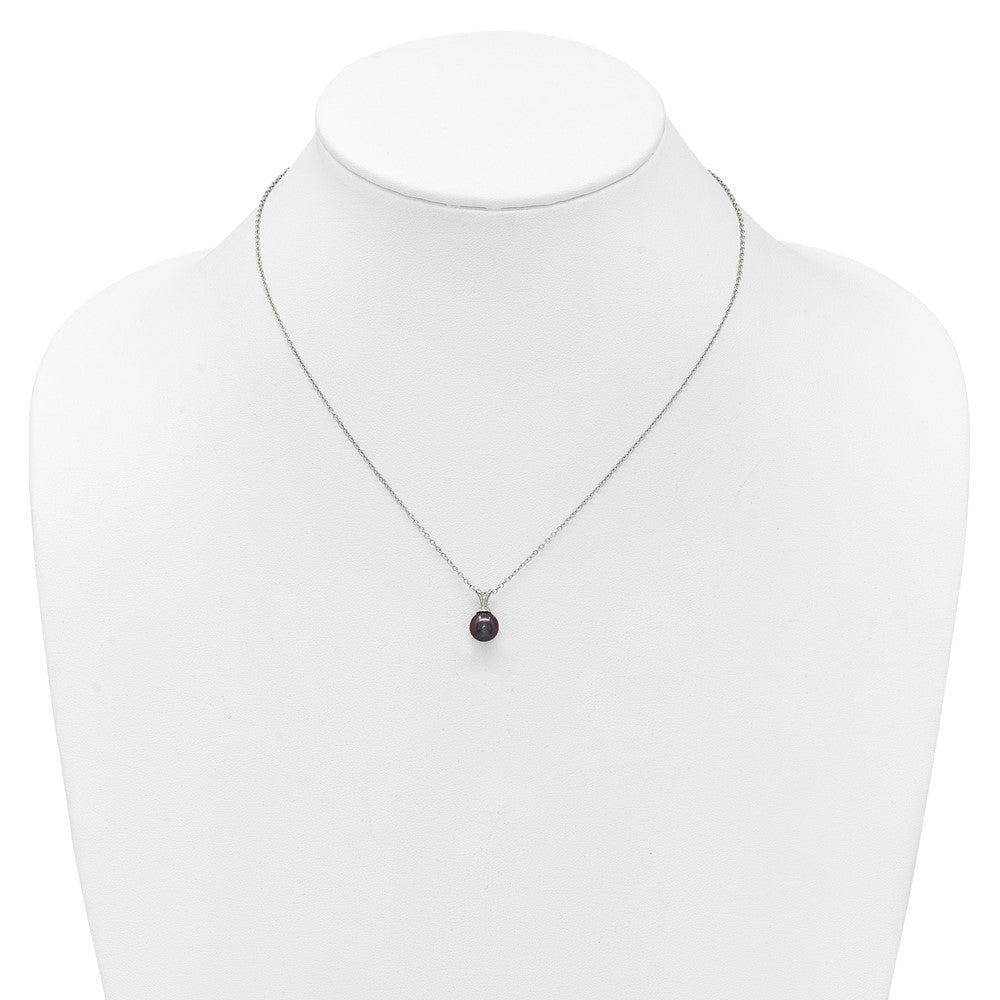 Sterling Silver Rhod-plat 7-7.5mm Black Round FWC Pearl Necklace