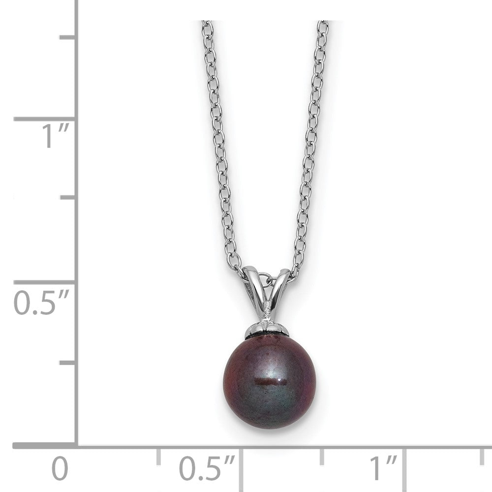 Sterling Silver Rhod-plat 7-7.5mm Black Round FWC Pearl Necklace