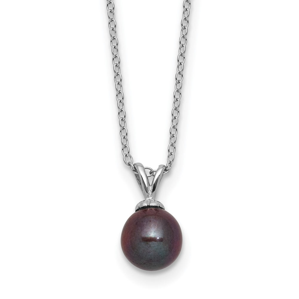 Sterling Silver Rhod-plat 7-7.5mm Black Round FWC Pearl Necklace