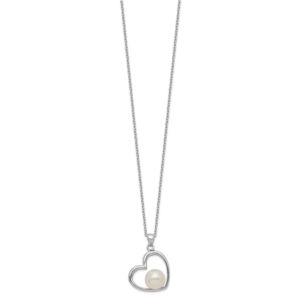 Sterling Silver Rhodium-plated 7-8mm White Button FWC Pearl Heart Necklace