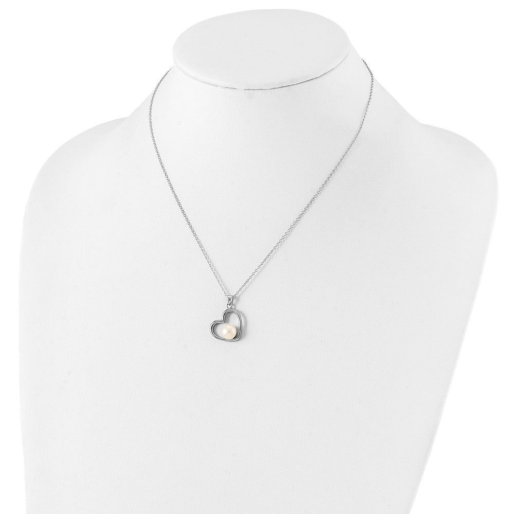 Sterling Silver Rhodium-plated 7-8mm White Button FWC Pearl Heart Necklace
