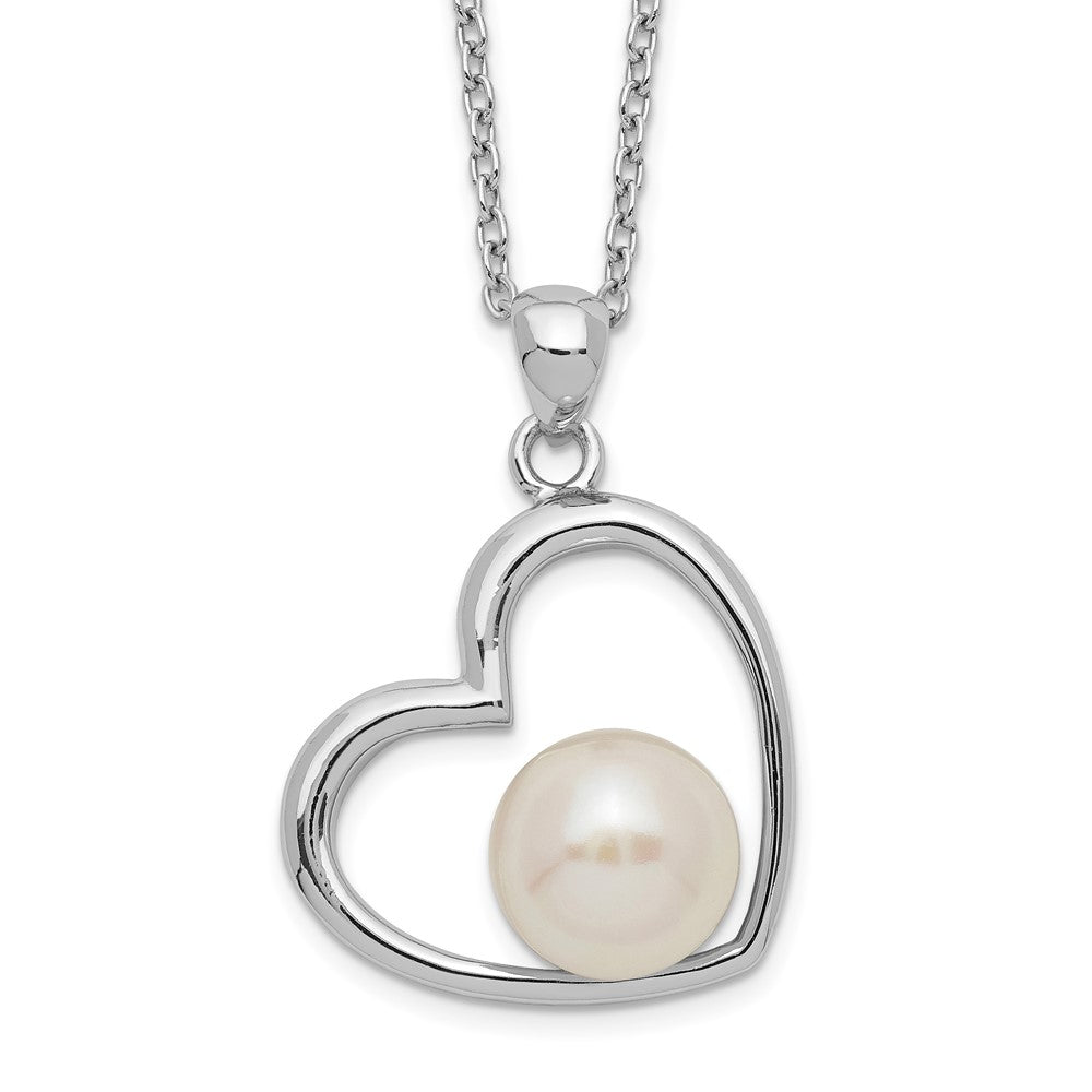 Sterling Silver Rhodium-plated 7-8mm White Button FWC Pearl Heart Necklace