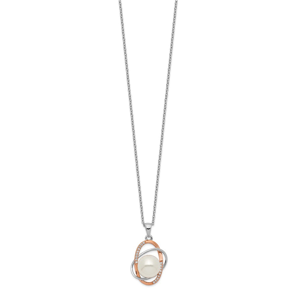 Sterling Silver Rhd-pt Rose-tone 18k Flash-pl 9-10mm FWC Pearl CZ Necklace