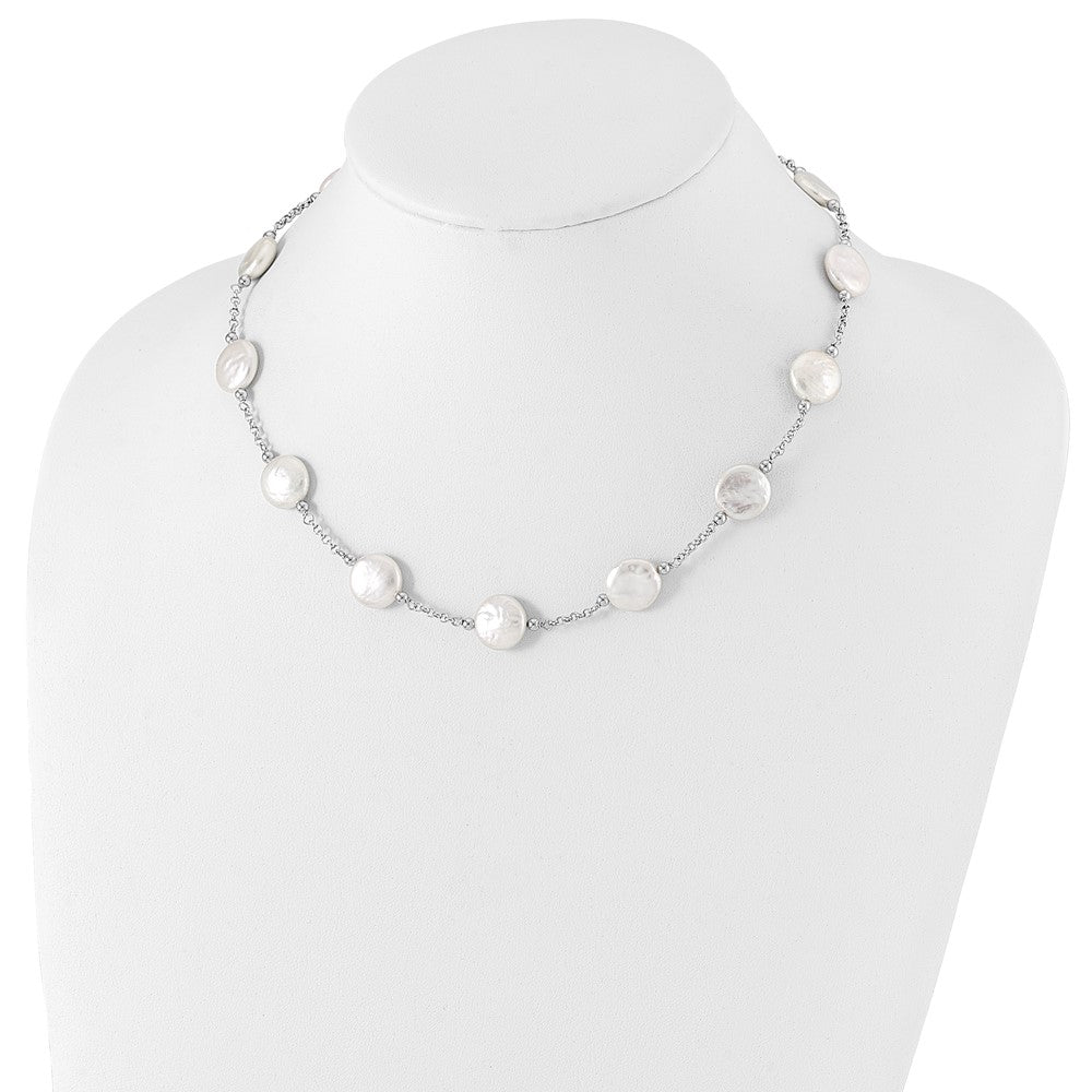 Sterling Silver Rh-pltd 12-13mm White Coin FWC Pearl 13-station Necklace