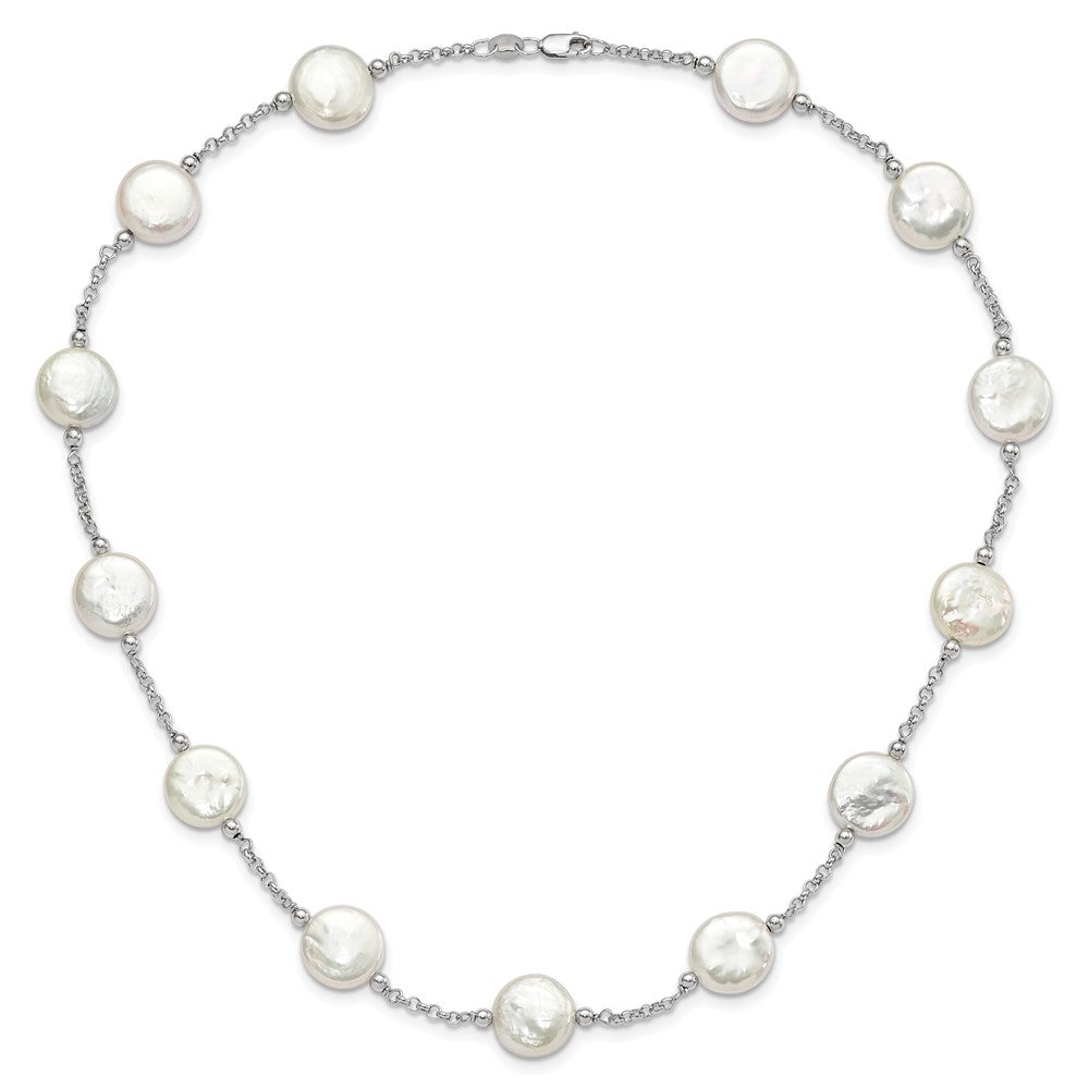 Sterling Silver Rh-pltd 12-13mm White Coin FWC Pearl 13-station Necklace
