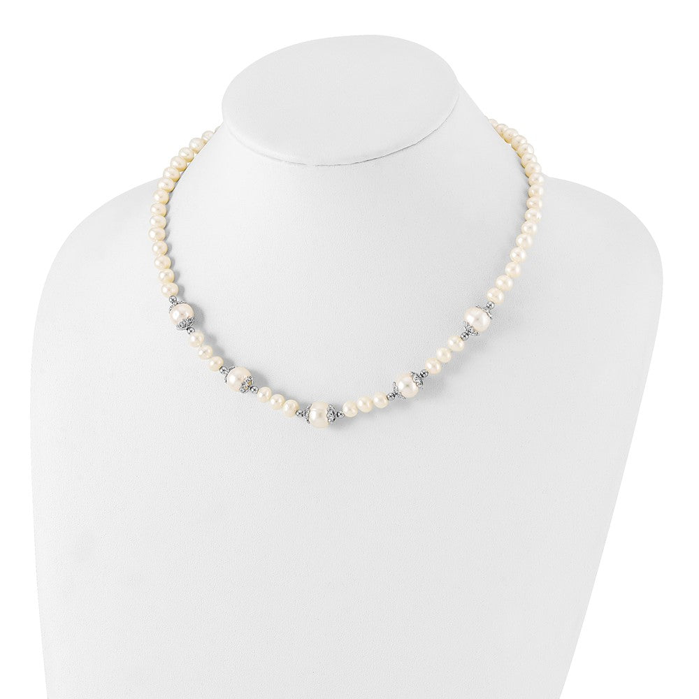 Sterling Silver Rhod-plated 6-9mm FW Cultured Pearl 5-station Necklace