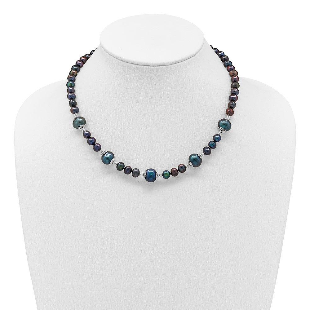 Sterling Silver Rh-plated 6-9mm Black FWC Pearl 5-station Necklace