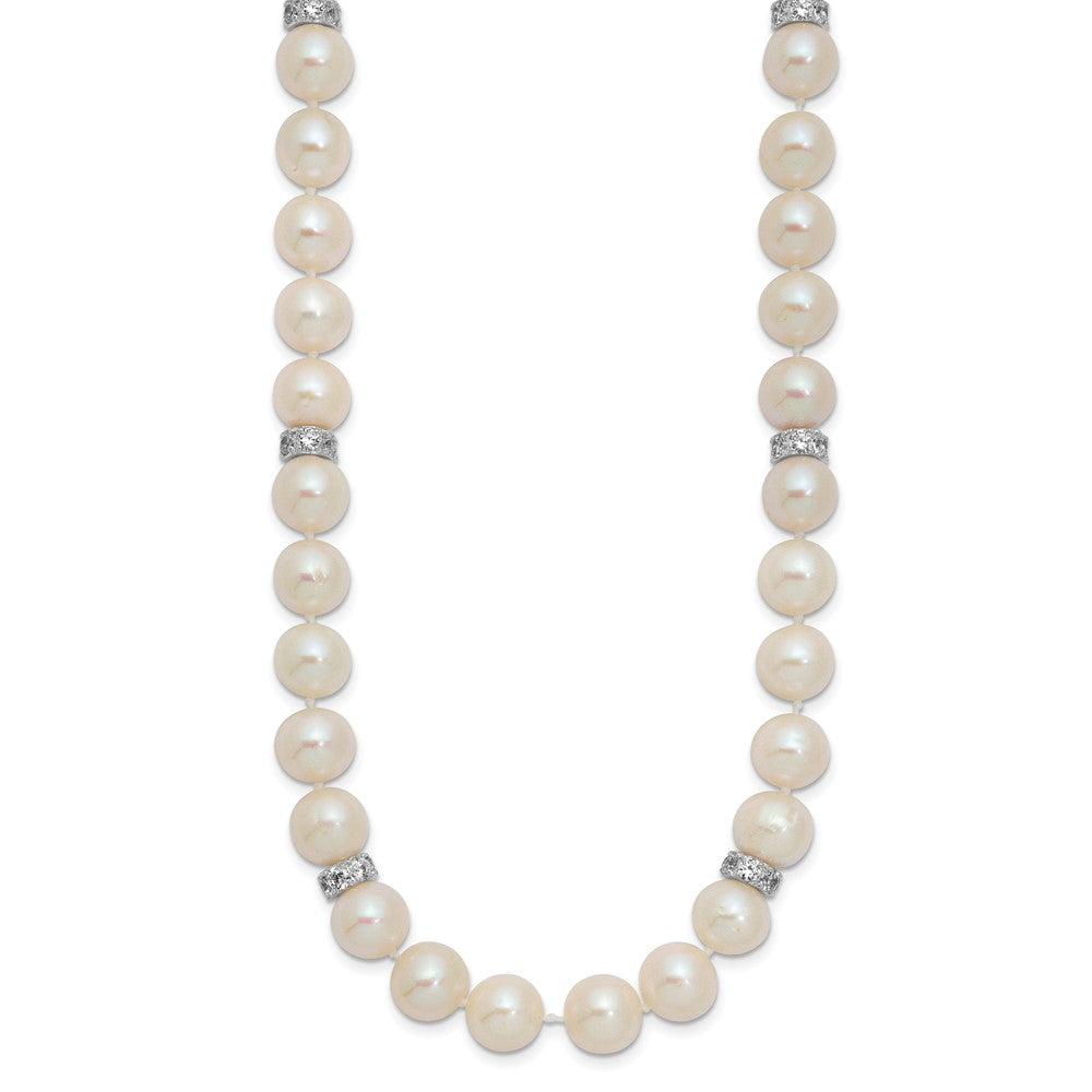 Sterling Silver Rhod-plat 9-10mm White Near Round FWC Pearl CZ Necklace