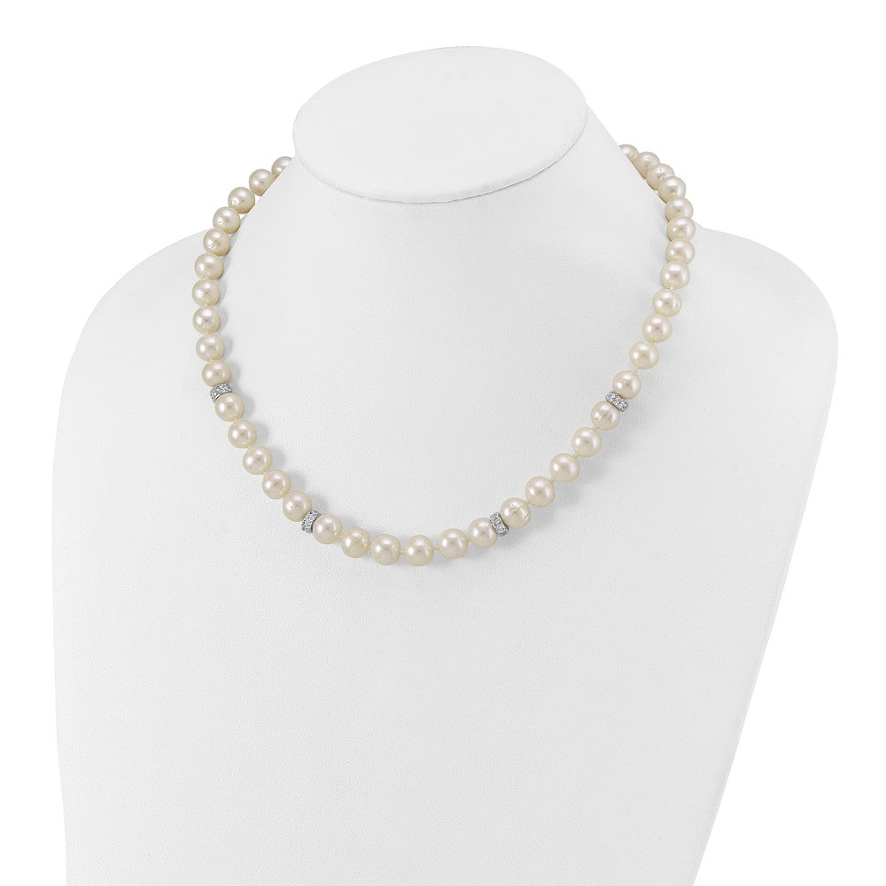 Sterling Silver Rhod-plat 9-10mm White Near Round FWC Pearl CZ Necklace