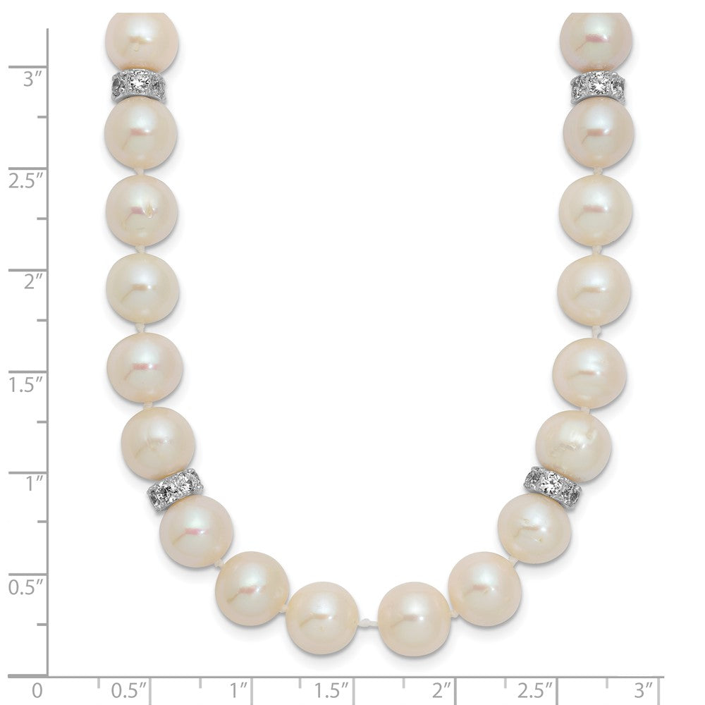 Sterling Silver Rhod-plat 9-10mm White Near Round FWC Pearl CZ Necklace