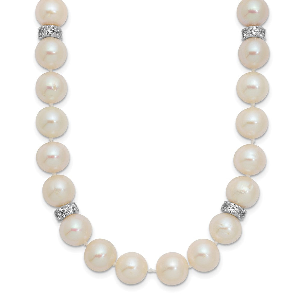 Sterling Silver Rhod-plat 9-10mm White Near Round FWC Pearl CZ Necklace