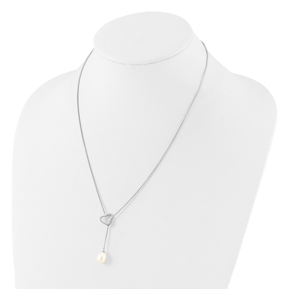 Sterling Silver RH-plated 7-8mm Rice FWC Pearl Heart 20in Necklace