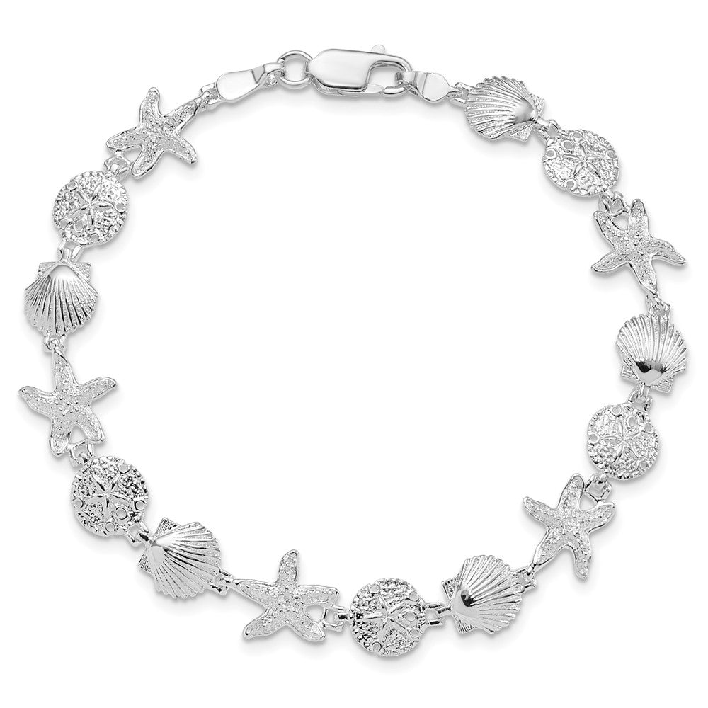 Sterling Silver Rhod-plated Polished Sand Dollar,Shell,Starfish Bracelet