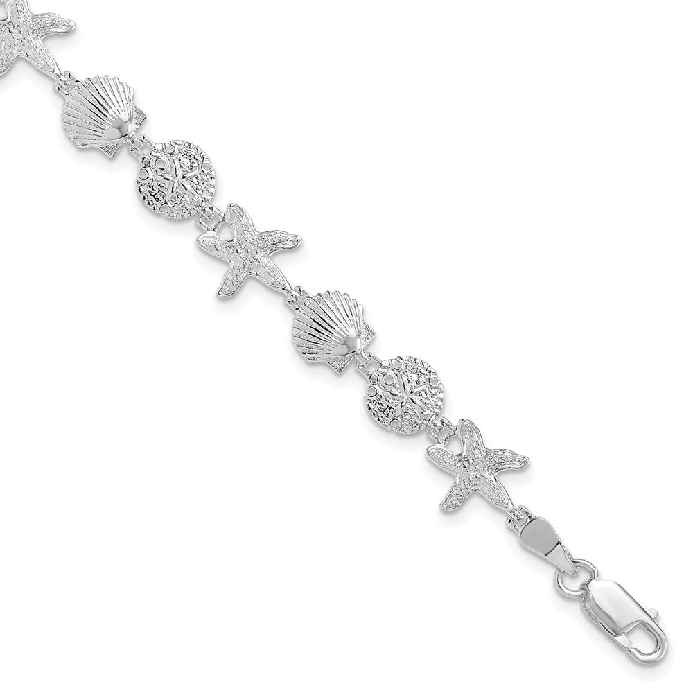 Sterling Silver Rhod-plated Polished Sand Dollar,Shell,Starfish Bracelet