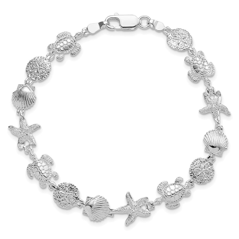 Sterling Silver Rhodium-plated Polished/Textured Sea Life Bracelet