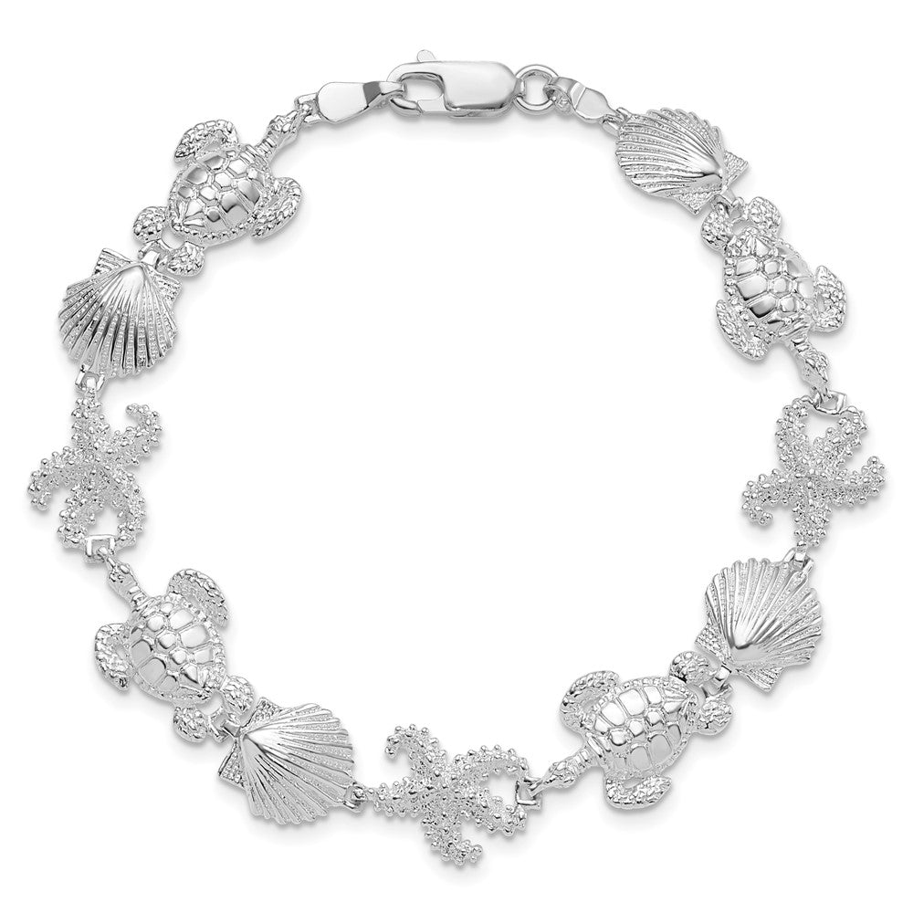 Sterling Silver Rhodium-plated Polished Turtle,Shell,Starfish Bracelet