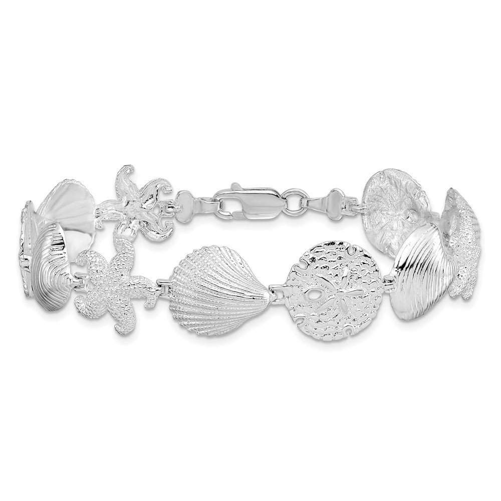 Sterling Silver Rhodium-plated Polished Turtle,Shell,Starfish,Clam Bracelet