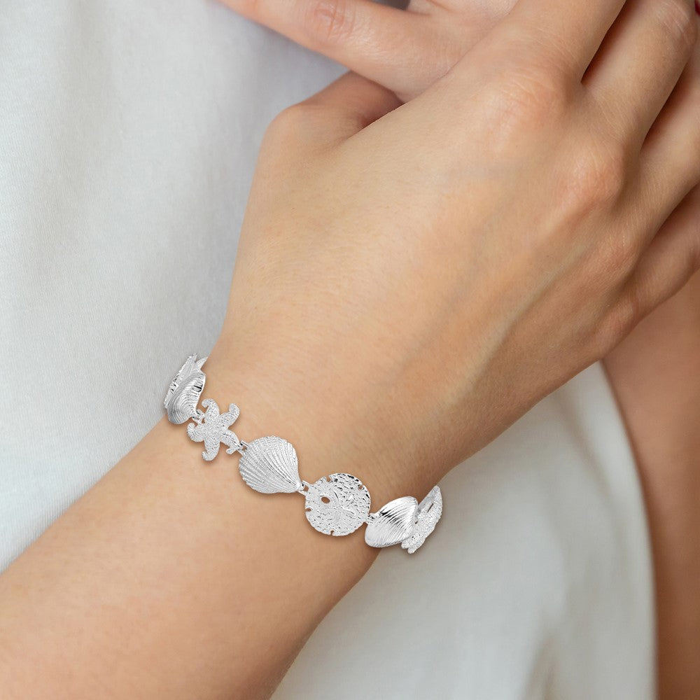 Sterling Silver Rhodium-plated Polished Turtle,Shell,Starfish,Clam Bracelet