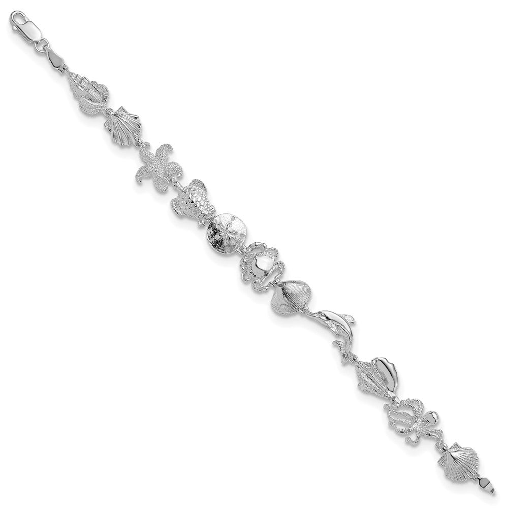 Sterling Silver Rhodium-plated Polished Multi-Shell and Sealife Bracelet