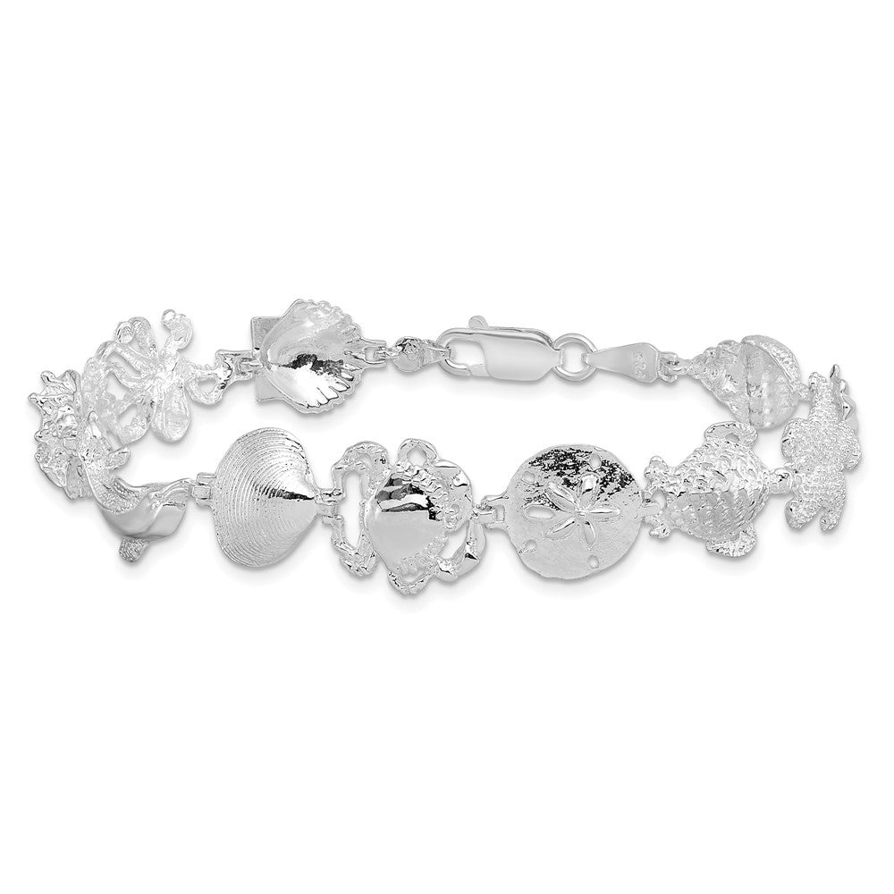 Sterling Silver Rhodium-plated Polished Multi-Shell and Sealife Bracelet