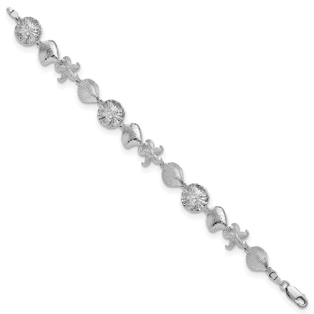 Sterling Silver Rhod-plated Polished Starfish,Shells,Sand Dollar Bracelet
