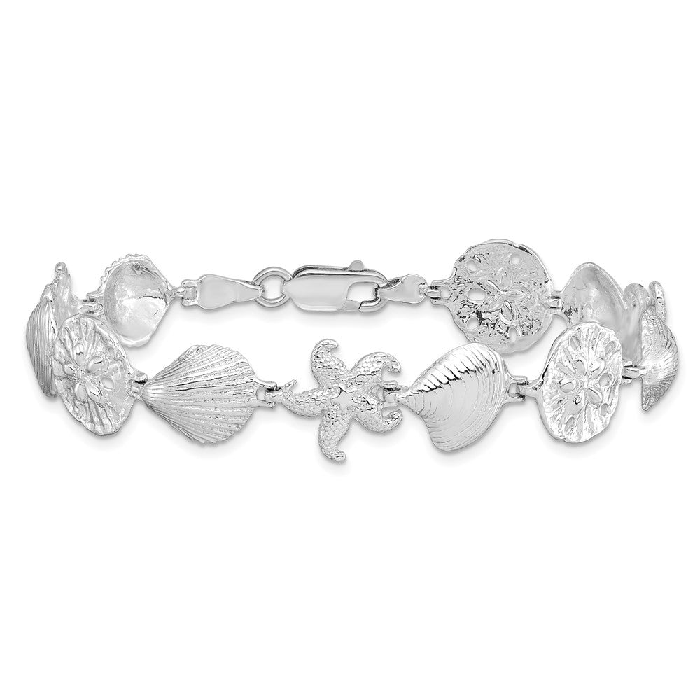 Sterling Silver Rhod-plated Polished Starfish,Shells,Sand Dollar Bracelet