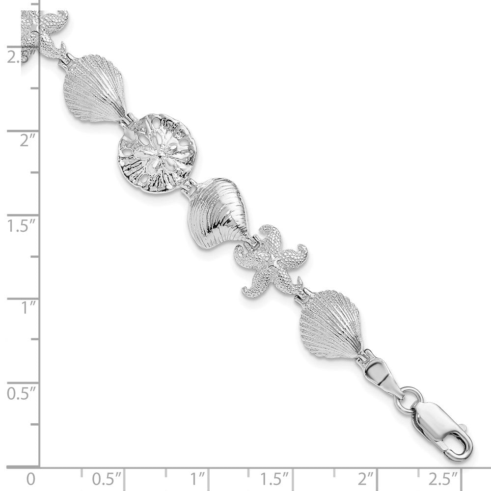 Sterling Silver Rhod-plated Polished Starfish,Shells,Sand Dollar Bracelet