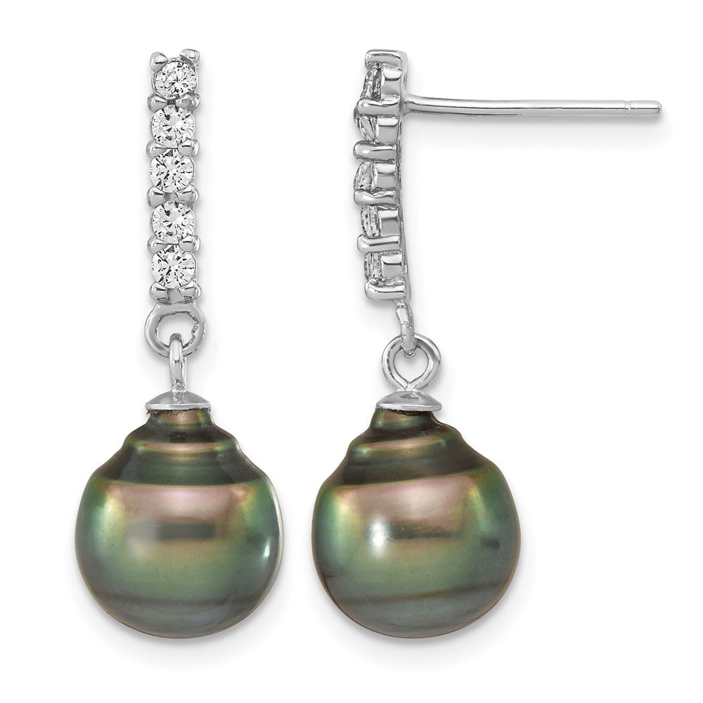 Sterling Silver RH 9-10mm Tahitian Saltwater Pearl CZ Ear & Neck Set
