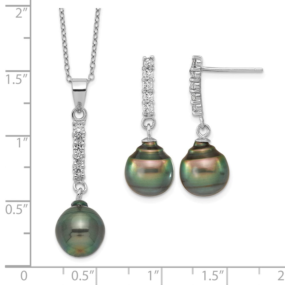 Sterling Silver RH 9-10mm Tahitian Saltwater Pearl CZ Ear & Neck Set