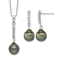 Sterling Silver RH 9-10mm Tahitian Saltwater Pearl CZ Ear & Neck Set