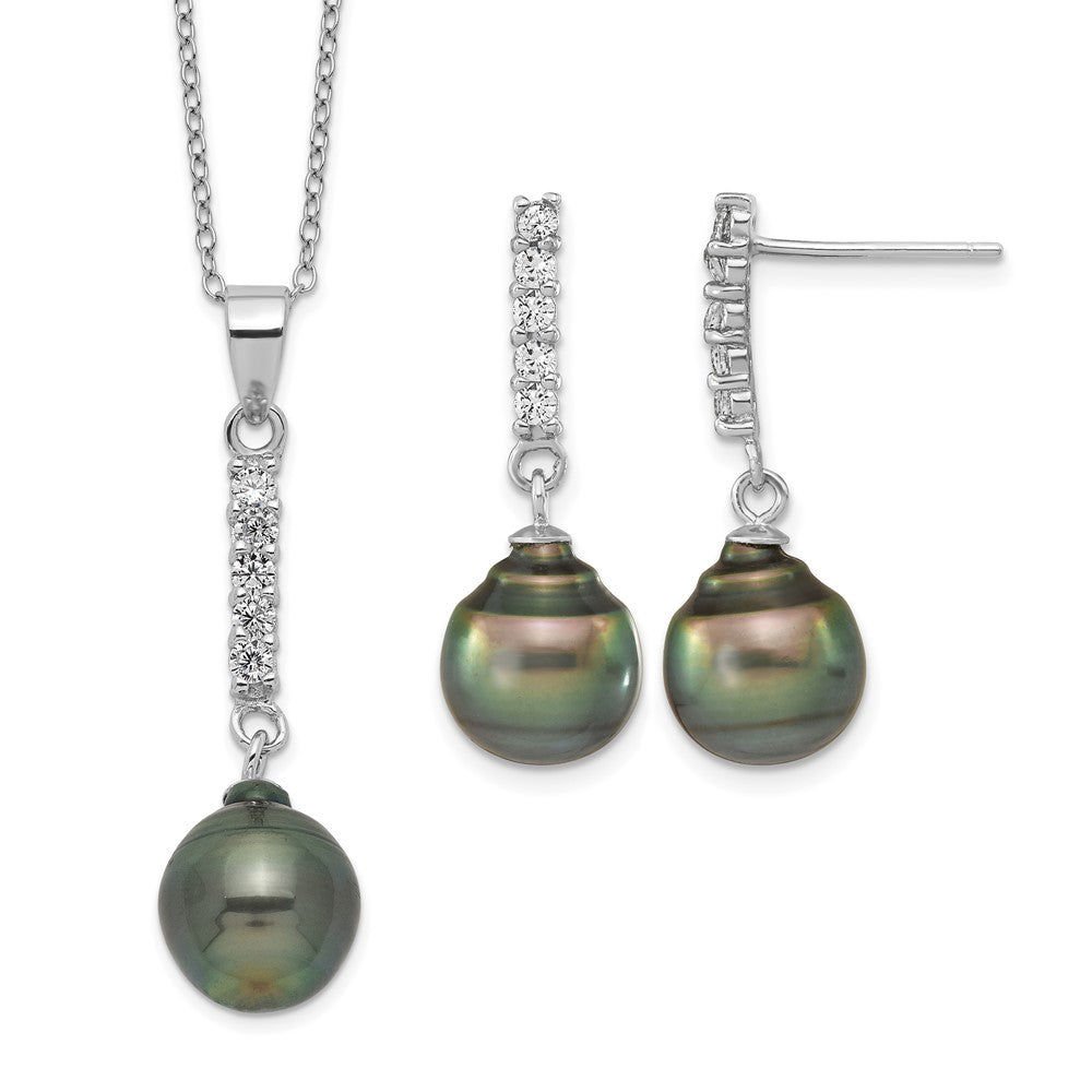 Sterling Silver RH 9-10mm Tahitian Saltwater Pearl CZ Ear & Neck Set