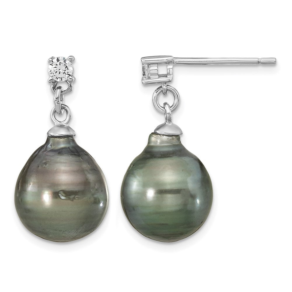 Sterling Silver RH 9-10mm Teardrop Tahitian Saltwater Pearl CZ Ear&Neck Se