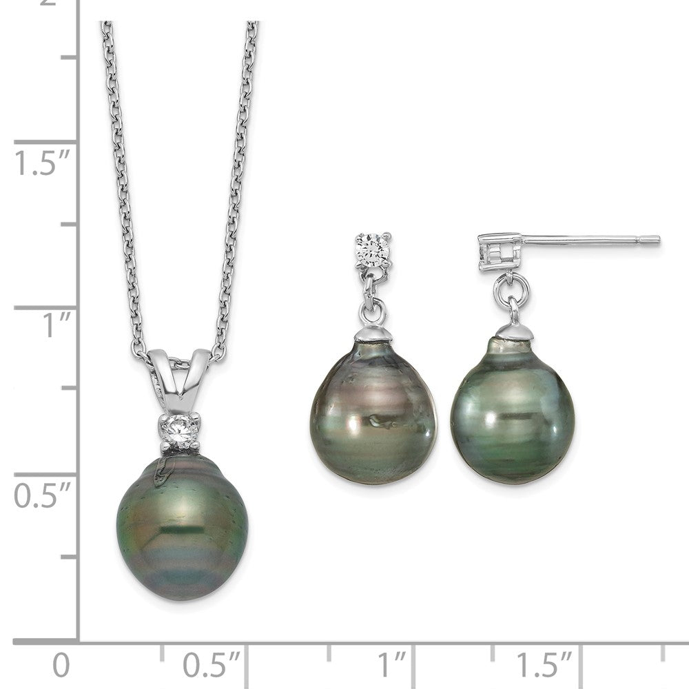 Sterling Silver RH 9-10mm Teardrop Tahitian Saltwater Pearl CZ Ear&Neck Se