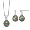 Sterling Silver RH 9-10mm Teardrop Tahitian Saltwater Pearl CZ Ear&Neck Se