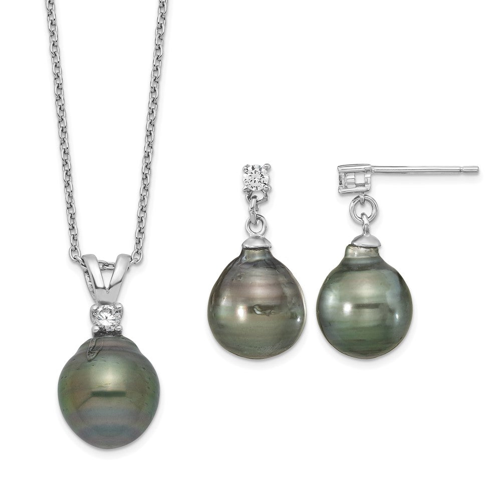 Sterling Silver RH 9-10mm Teardrop Tahitian Saltwater Pearl CZ Ear&Neck Se