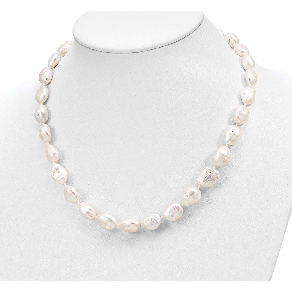 Sterling Silver Rh-plated 11x14mm White Keshi FWC Pearl Necklace