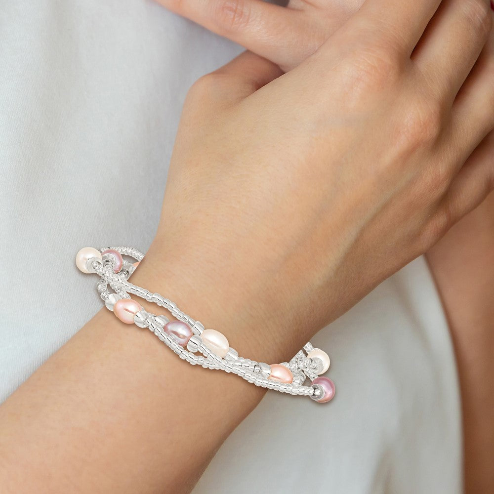 6-8mm Wht/Pi/Pu Rice FWC Pearl and Glass Bead Stretch 3-Bracelet Set