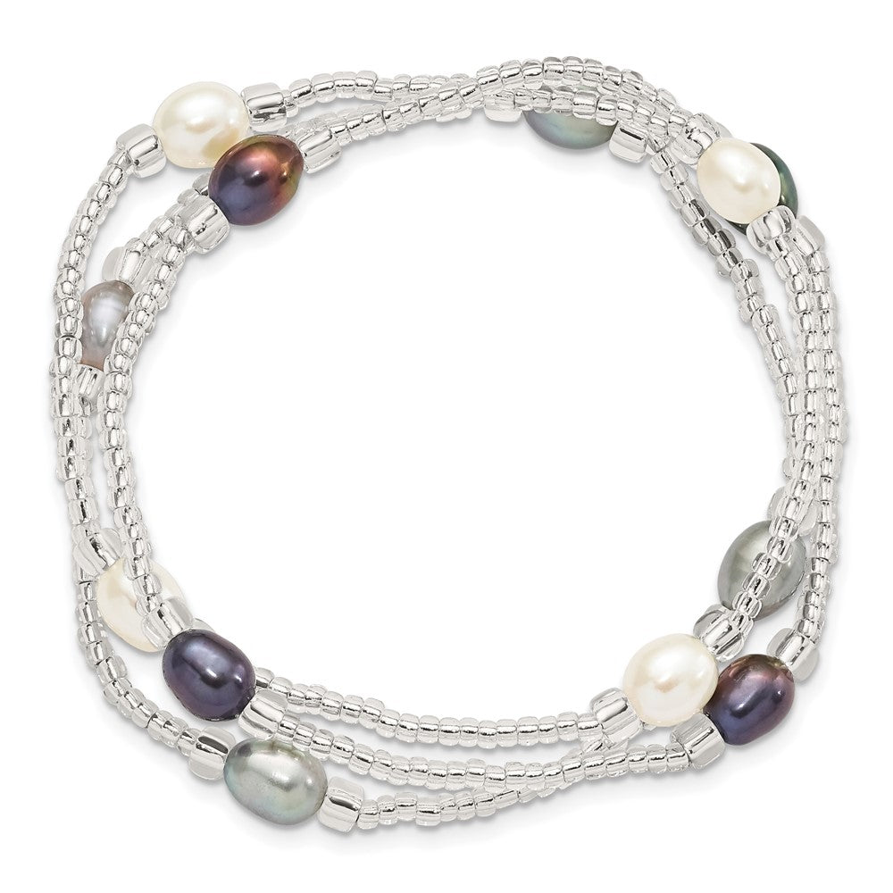 6-8mm Wht/Bk/Grey Rice FWC Pearl and Glass Bead Stretch 3-Bracelet Set