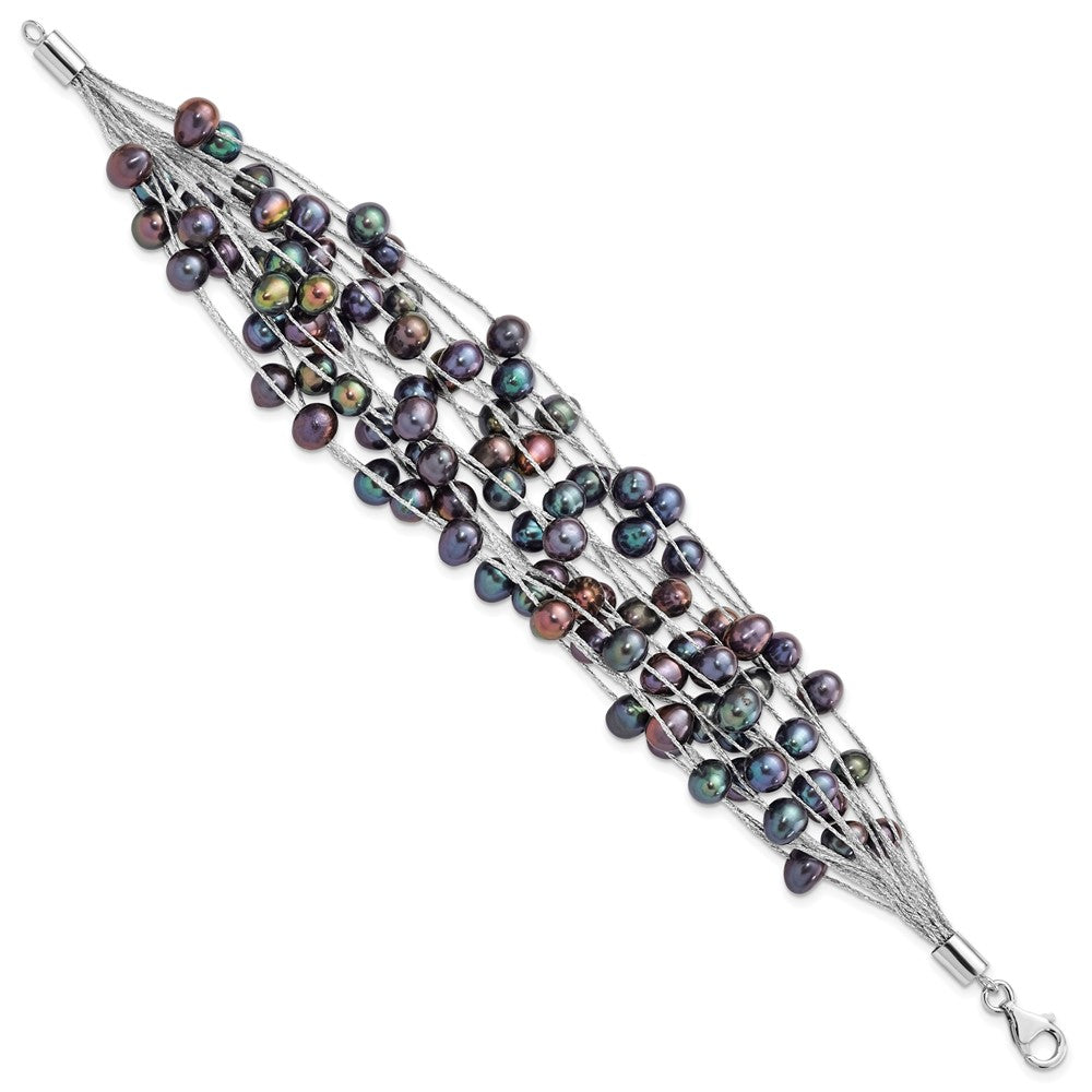 Sterling Silver Rh-pl 5-6mm Black Off-round FWC Pearl Multi-strand Bracelet