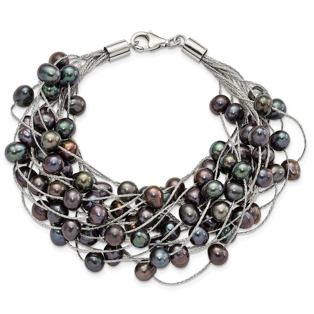 Sterling Silver Rh-pl 5-6mm Black Off-round FWC Pearl Multi-strand Bracelet