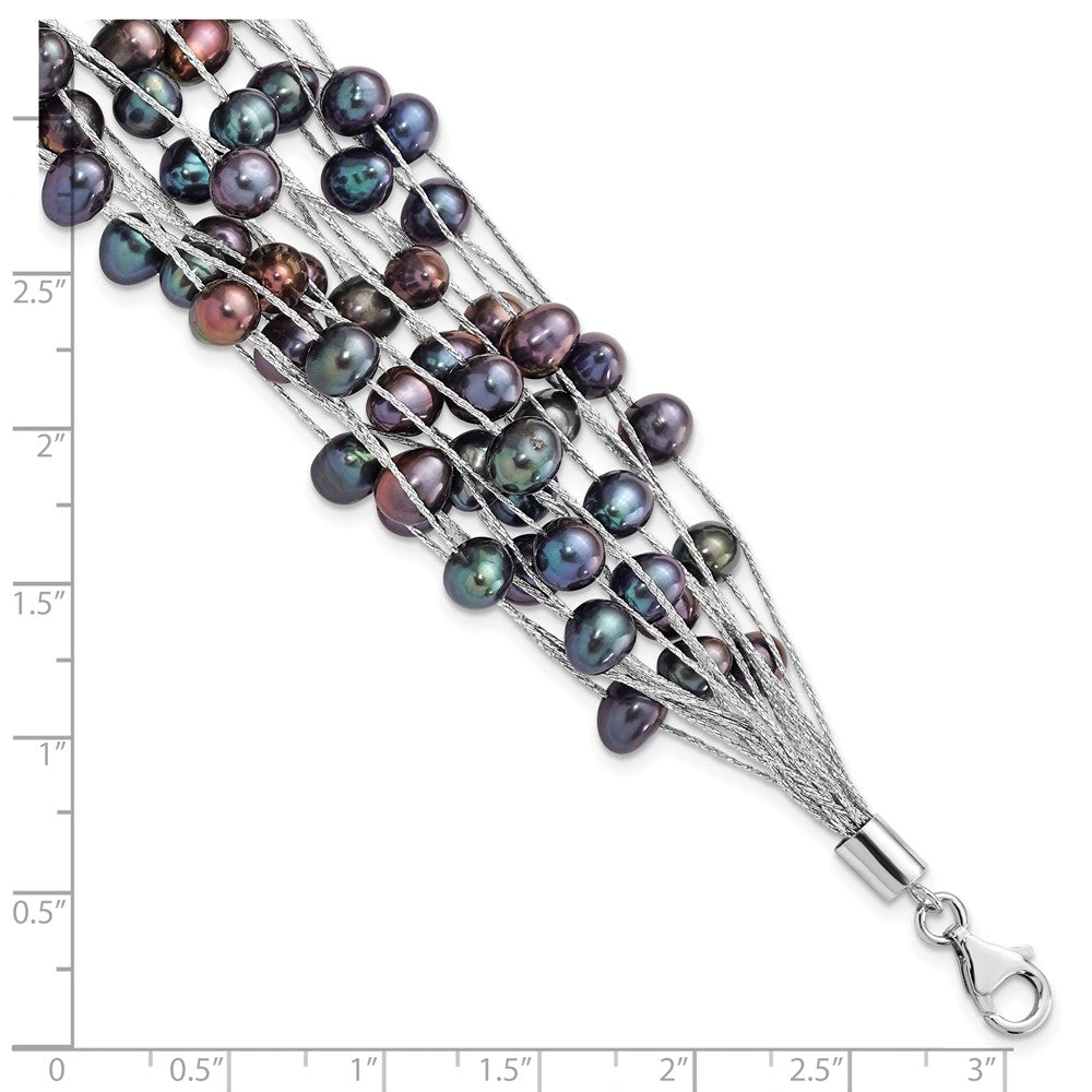 Sterling Silver Rh-pl 5-6mm Black Off-round FWC Pearl Multi-strand Bracelet