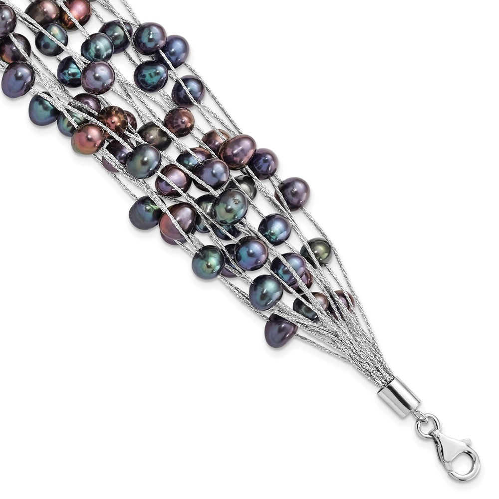 Sterling Silver Rh-pl 5-6mm Black Off-round FWC Pearl Multi-strand Bracelet
