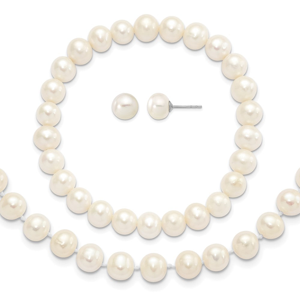 Sterling Silver Rh-p 7-8mm White FWC Pearl Earring Bracelet Necklace Set