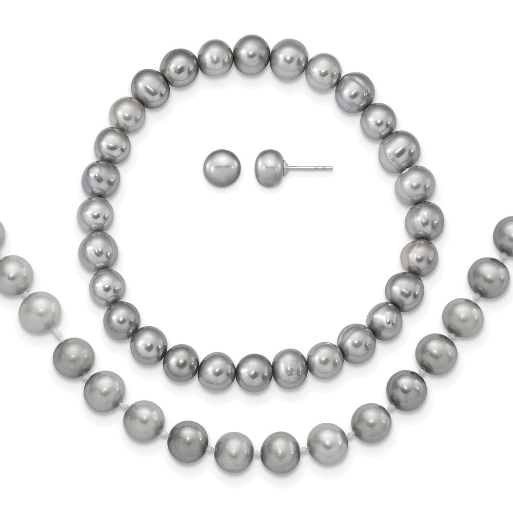 Sterling Silver Rh-p 7-8mm Grey FWC Pearl Earring Bracelet Necklace Set