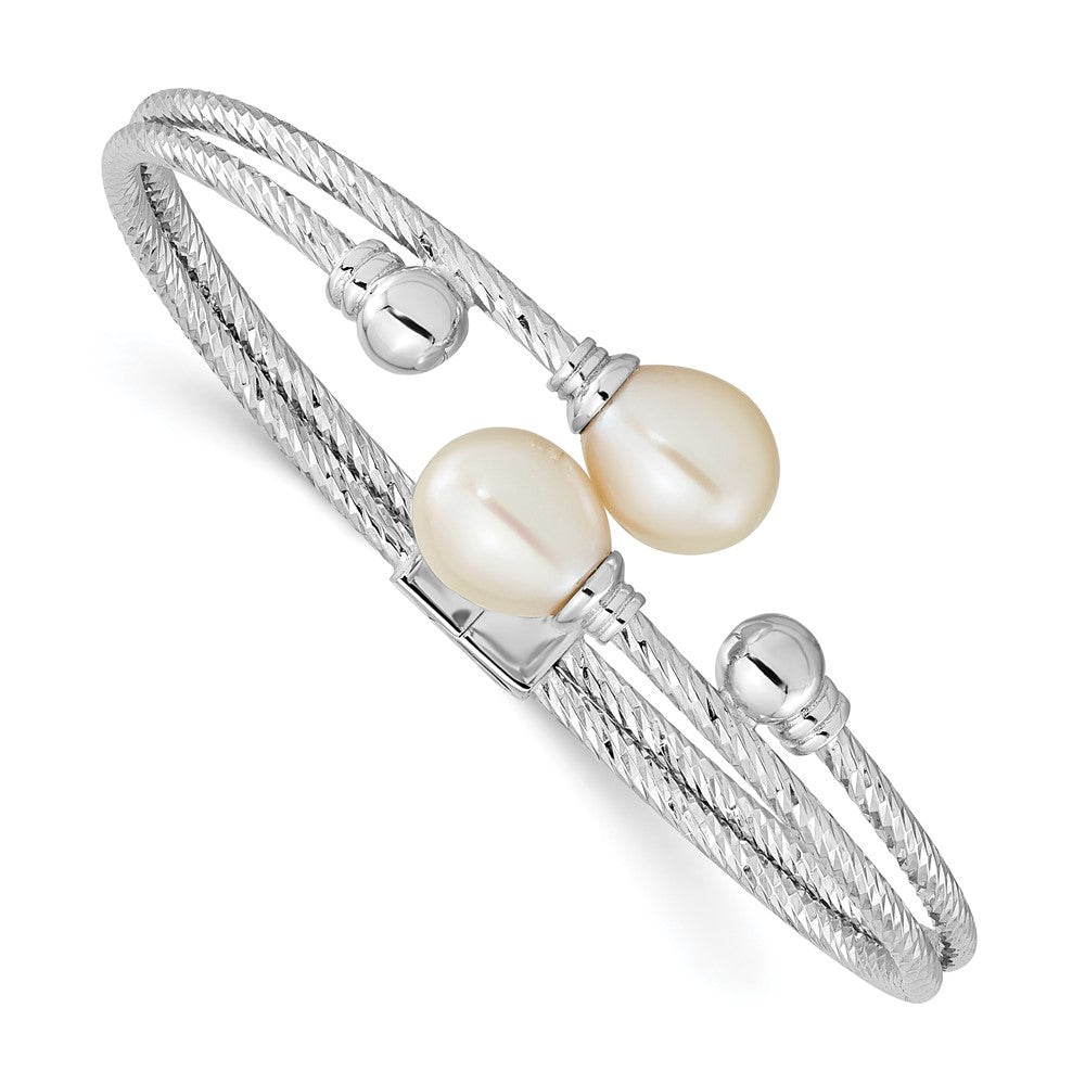 Sterling Silver Rhod-pl 8x10mm White Teardrop FWC Pearl Hinged Bangle